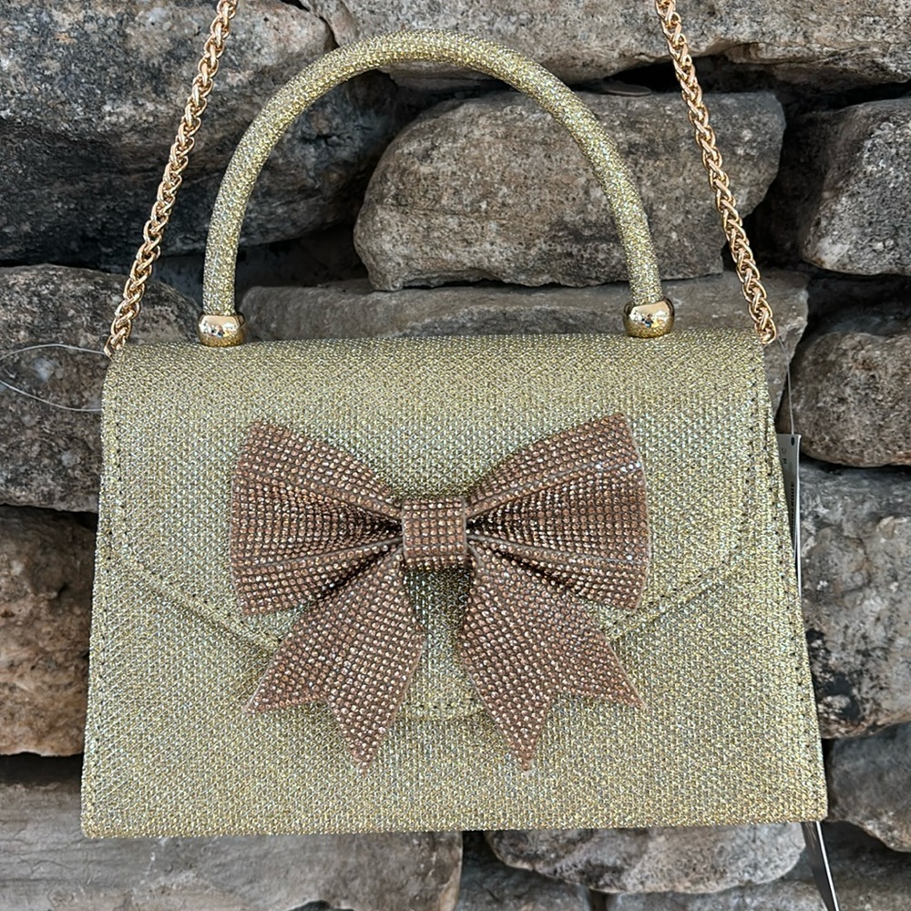 Anna & Elle Gold sparkly bow purse dressy evening event chain handle